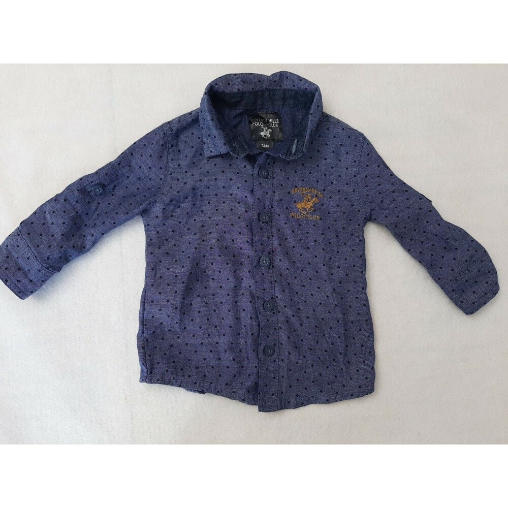 Size 12 M Beverly Hills Polo Club blue dot embroidered logo Button Up Shirt Top